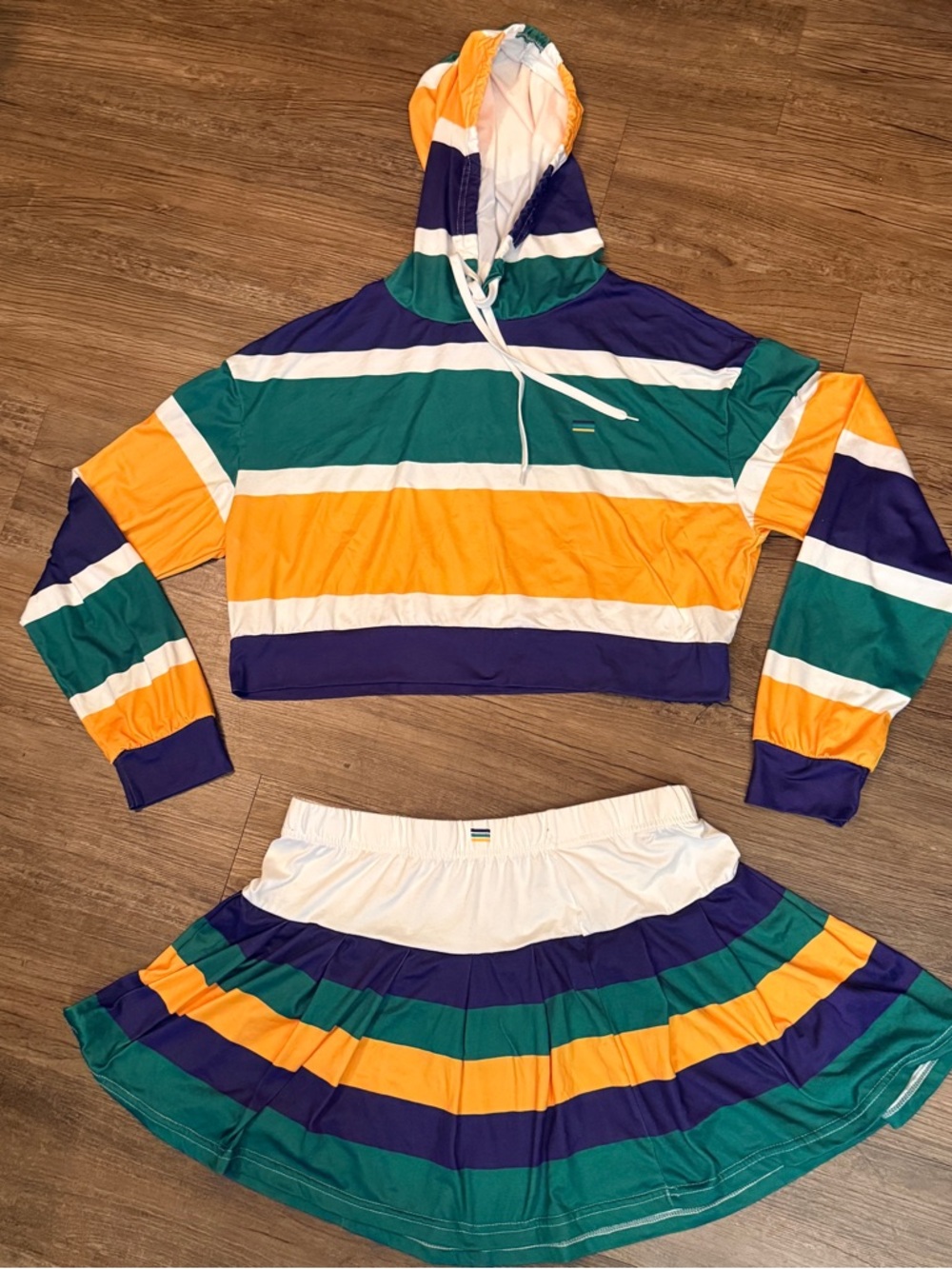 Striped Hooded Crop Top and A-Line Mini Skirt - Green, Yellow, Purple, White